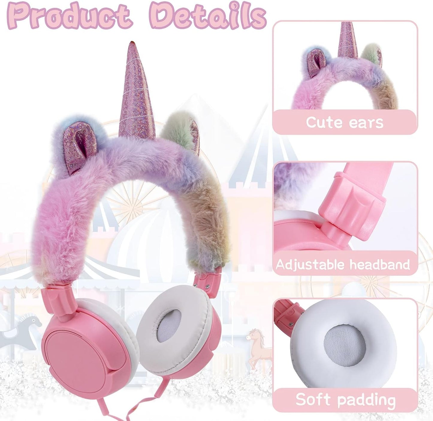 Unicorn Headset for Girls Pink,  Easter Kids Headphones Gift, Adjustable Wired Earphones 3.5Mm Stereo Tangle-Free, for Children, Teens Birthday, Smartphones/Iphone/Ipad/Kindle/Laptop
