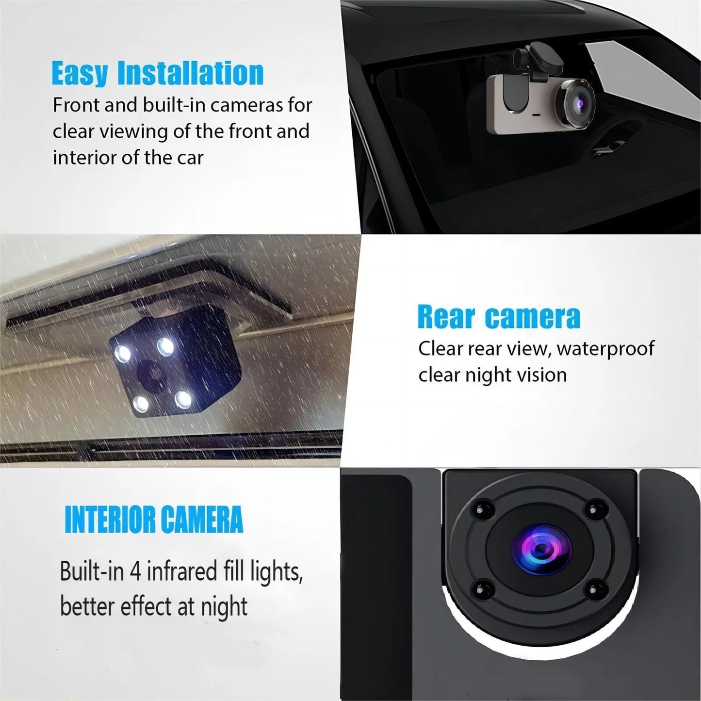 3-Channel Dash Cam — Front, Rear & Interior Cameras, 1080P HD, Night Vision, Parking Monitor, 32GB SD Card