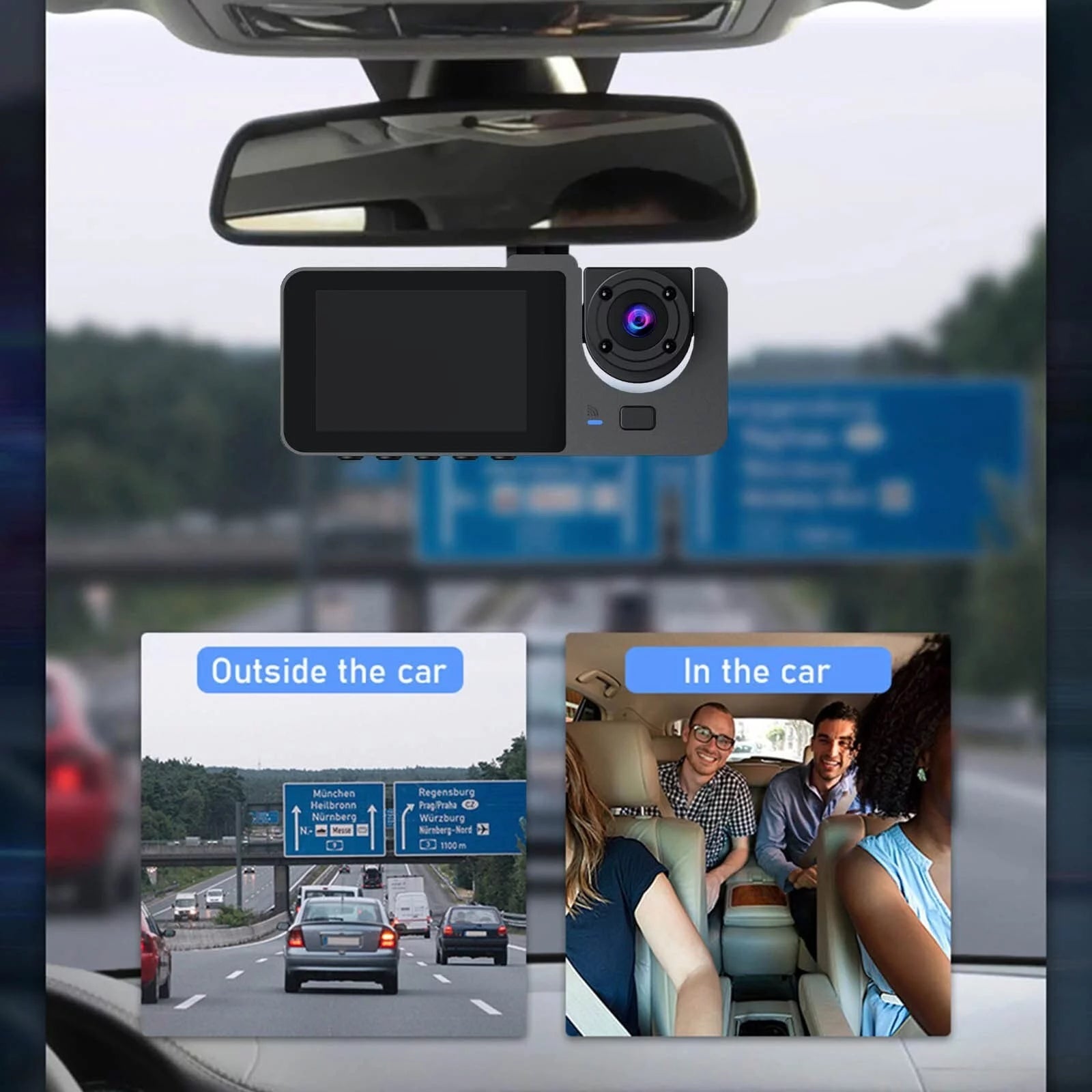 3-Channel Dash Cam — Front, Rear & Interior Cameras, 1080P HD, Night Vision, Parking Monitor, 32GB SD Card