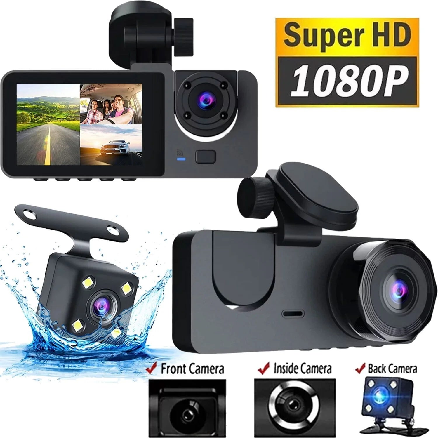 3-Channel Dash Cam — Front, Rear & Interior Cameras, 1080P HD, Night Vision, Parking Monitor, 32GB SD Card