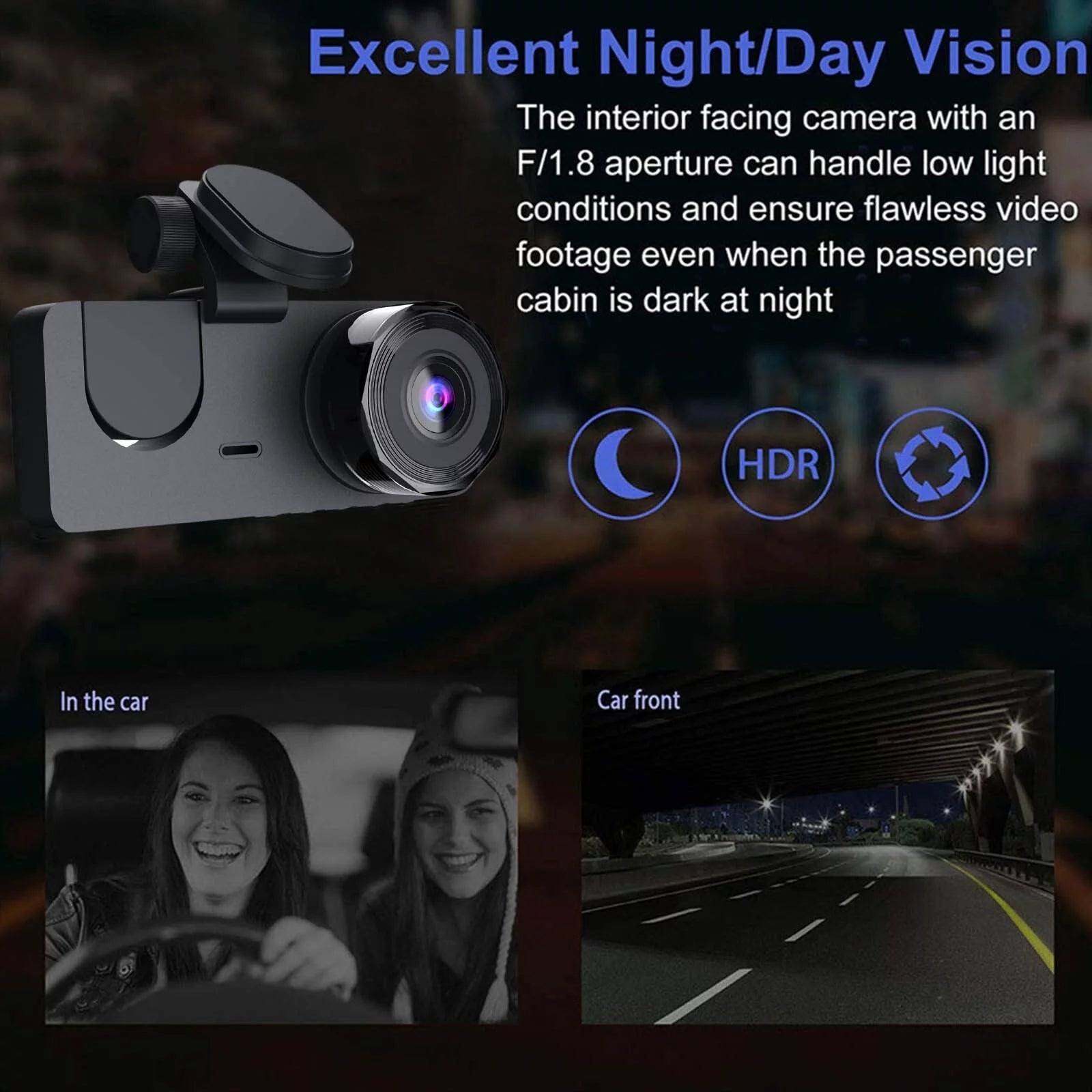 3-Channel Dash Cam — Front, Rear & Interior Cameras, 1080P HD, Night Vision, Parking Monitor, 32GB SD Card