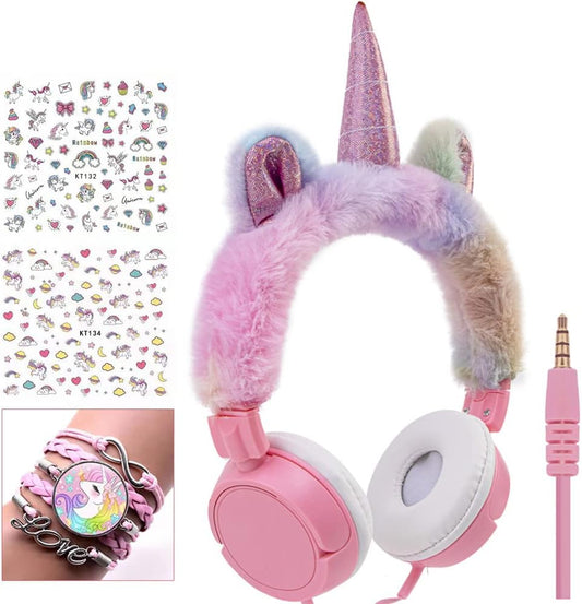 Unicorn Headset for Girls Pink,  Easter Kids Headphones Gift, Adjustable Wired Earphones 3.5Mm Stereo Tangle-Free, for Children, Teens Birthday, Smartphones/Iphone/Ipad/Kindle/Laptop