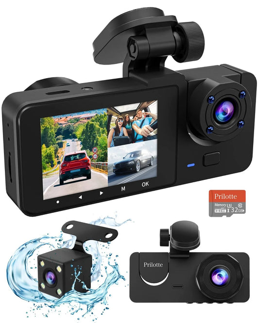3-Channel Dash Cam — Front, Rear & Interior Cameras, 1080P HD, Night Vision, Parking Monitor, 32GB SD Card