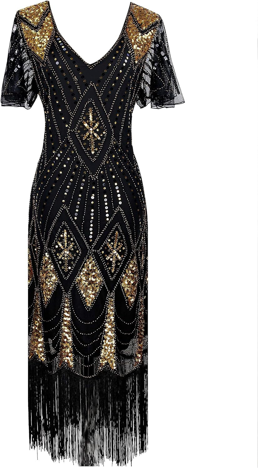 1920s Gatsby Inspired Sequin & Beads Flapper Dress
