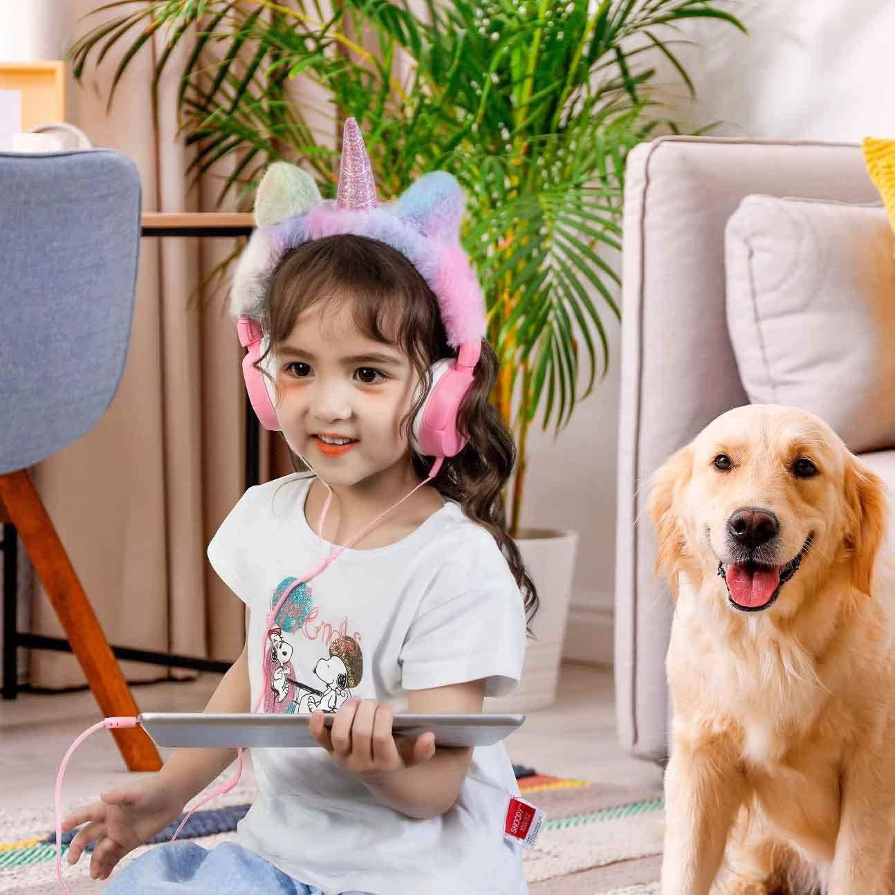 Unicorn Headset for Girls Pink,  Easter Kids Headphones Gift, Adjustable Wired Earphones 3.5Mm Stereo Tangle-Free, for Children, Teens Birthday, Smartphones/Iphone/Ipad/Kindle/Laptop