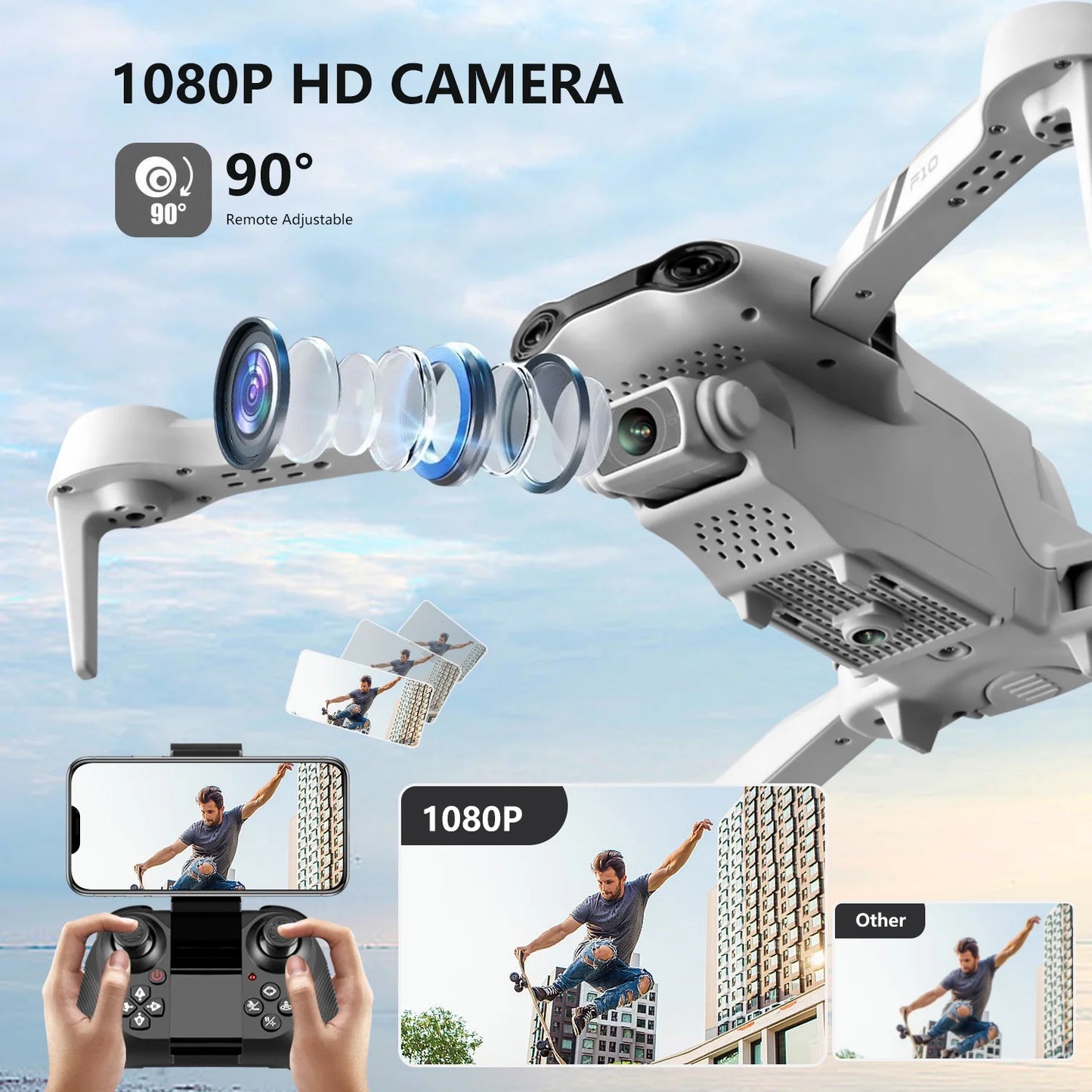 F10-1080P WiFi FPV Drone — 1080P HD Camera, Headless Mode, Altitude Hold, Gravity Control, Dual Battery Set