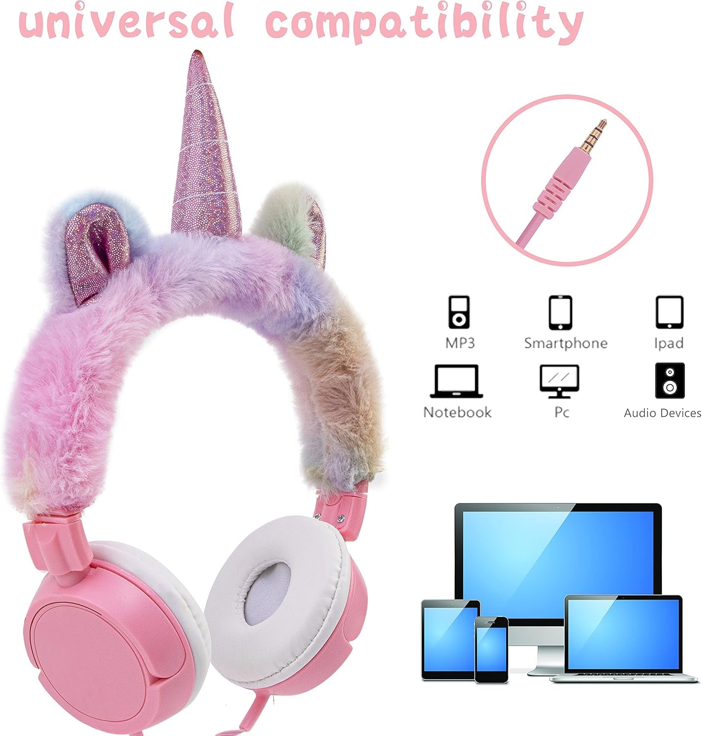 Unicorn Headset for Girls Pink,  Easter Kids Headphones Gift, Adjustable Wired Earphones 3.5Mm Stereo Tangle-Free, for Children, Teens Birthday, Smartphones/Iphone/Ipad/Kindle/Laptop