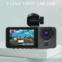 3-Channel Dash Cam — Front, Rear & Interior Cameras, 1080P HD, Night Vision, Parking Monitor, 32GB SD Card