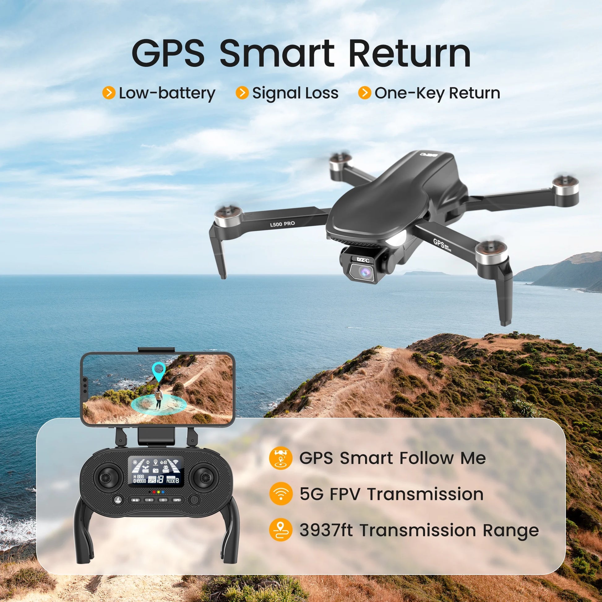 L500 Pro GPS Drone — 4K HD Camera, Brushless Motors, 5G WiFi FPV, Intelligent GPS Return, Dual Batteries