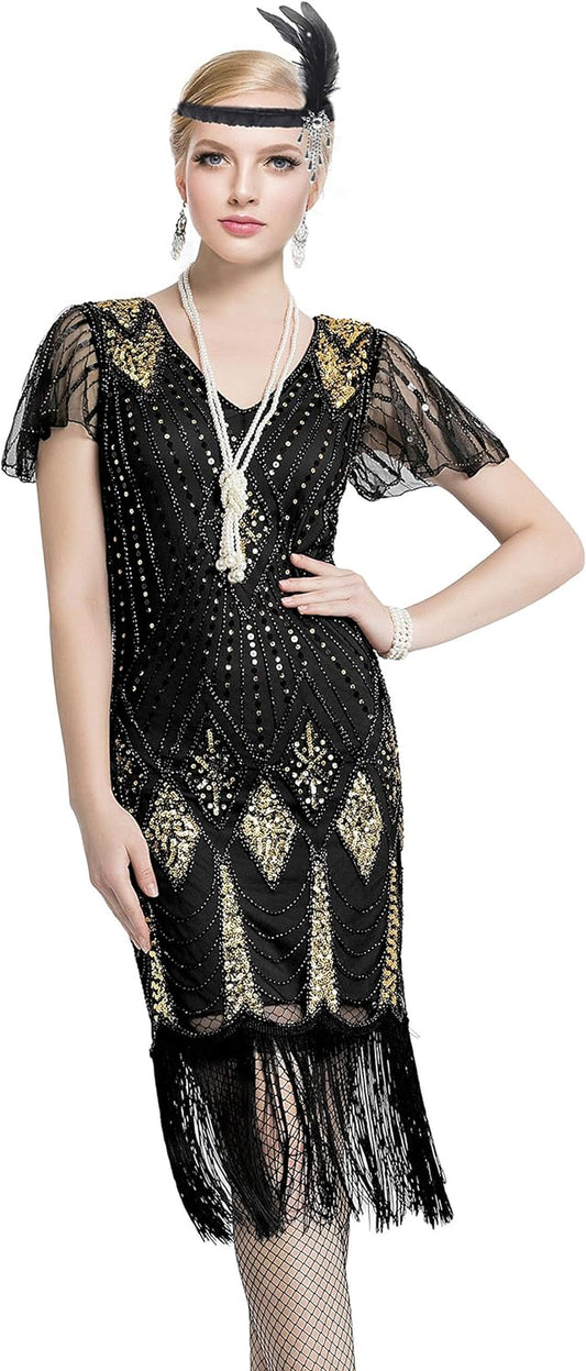 1920s Gatsby Inspired Sequin & Beads Flapper Dress